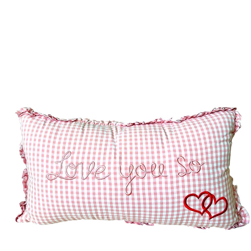 Chelsea & Theodore Pink Gingham Embroidered Hearts Pillow LOVE YOU SO 14x24 New